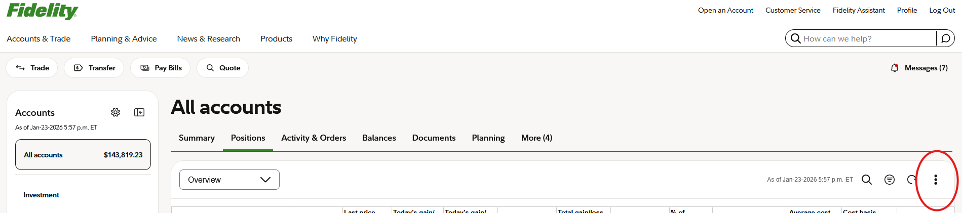 Fidelity Positions tab